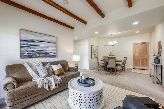 11035 S Grape Vine Cv Unit 106, Sandy, UT 84070 - living room featuring an inviting chandelier, light carpet, recessed lighting, baseboards, and beamed ceiling