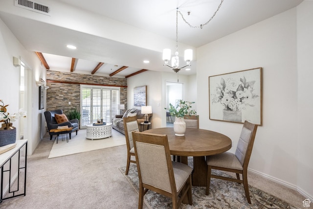 11035 S Grape Vine Cv Unit 106, Sandy, UT 84070 - dining area featuring an inviting chandelier, carpet floors, baseboards, beamed ceiling, and visible vents