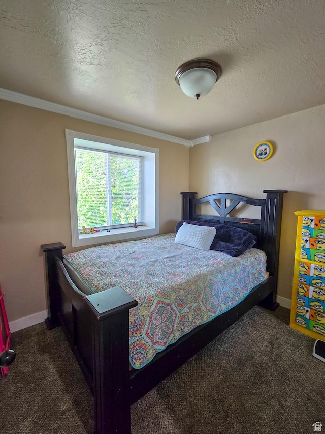 3505 W San Marcos Cir, West Valley City, UT 84119 - carpeted bedroom with crown molding, a textured ceiling, and baseboards