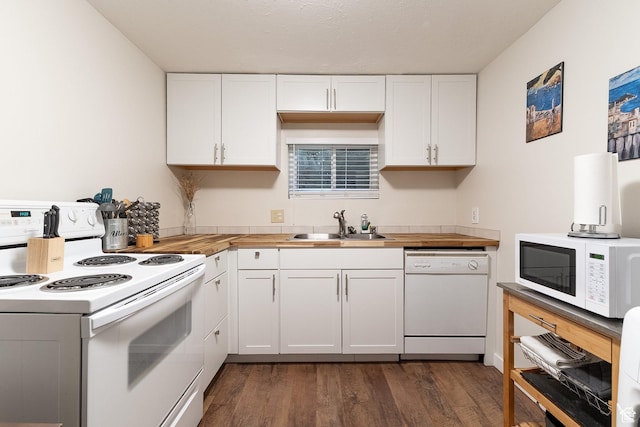 11622 S Worthington Ct E, Sandy, UT 84092 - kitchen featuring white appliances, a sink, wooden counters, and dark wood-style floors