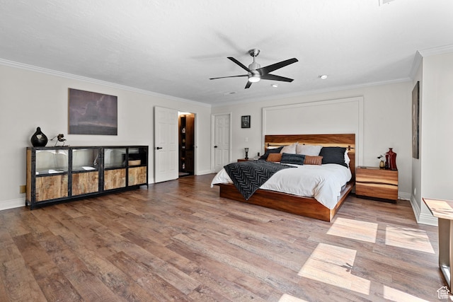 11622 S Worthington Ct E, Sandy, UT 84092 - bedroom featuring wood finished floors, baseboards, crown molding, recessed lighting, and a ceiling fan
