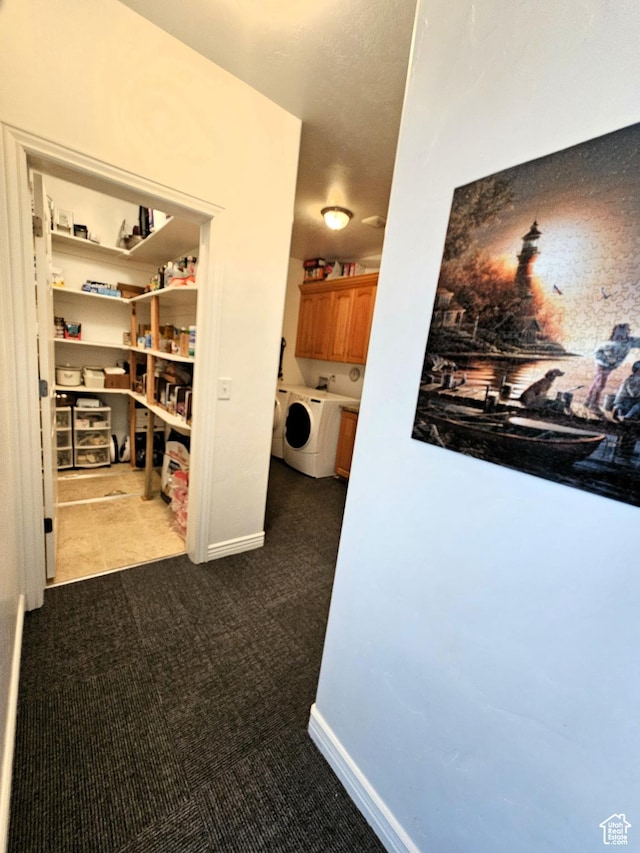 598 W 1620 S, Lehi, UT 84043 - hallway featuring washer / clothes dryer, dark carpet, and baseboards