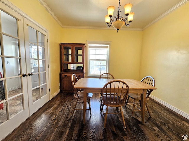 598 W 1620 S, Lehi, UT 84043 - dining area with crown molding, dark wood finished floors, a chandelier, french doors, and baseboards