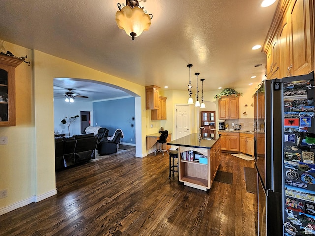 598 W 1620 S, Lehi, UT 84043 - kitchen featuring freestanding refrigerator, a ceiling fan, dark wood finished floors, a sink, and baseboards