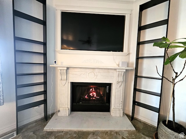 598 W 1620 S, Lehi, UT 84043 - detailed view of a high end fireplace, baseboards, concrete flooring, and built in shelves