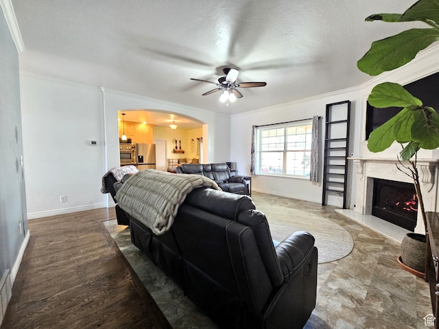 598 W 1620 S, Lehi, UT 84043 - living area featuring arched walkways, baseboards, a premium fireplace, ceiling fan, and ornamental molding