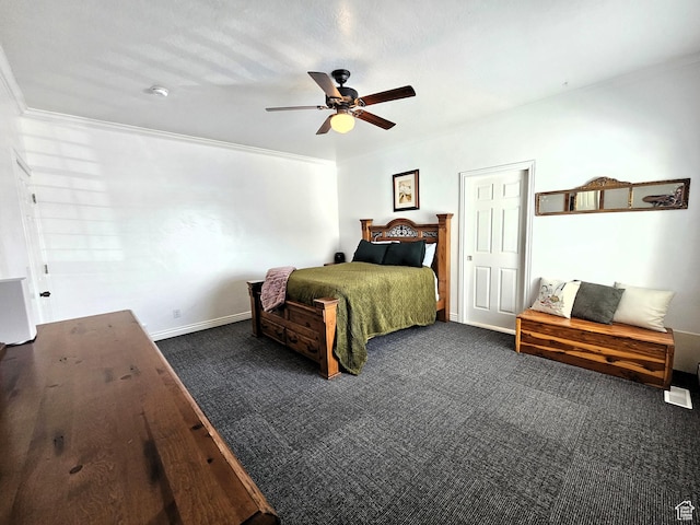 598 W 1620 S, Lehi, UT 84043 - bedroom with dark colored carpet, ceiling fan, baseboards, and crown molding