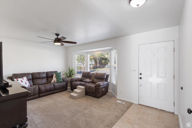 1295 N 190 E, Lehi, UT 84043 - living area with ceiling fan, visible vents, baseboards, light carpet, and light tile patterned flooring