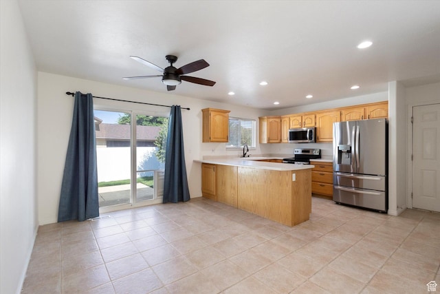 1295 N 190 E, Lehi, UT 84043 - kitchen featuring stainless steel appliances, a peninsula, recessed lighting, light countertops, and a ceiling fan