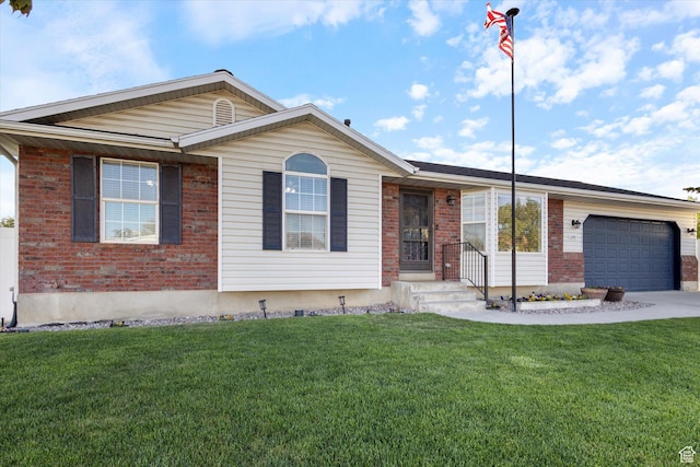 1295 N 190 E, Lehi, UT 84043 - ranch-style home with concrete driveway, brick siding, an attached garage, and a front yard