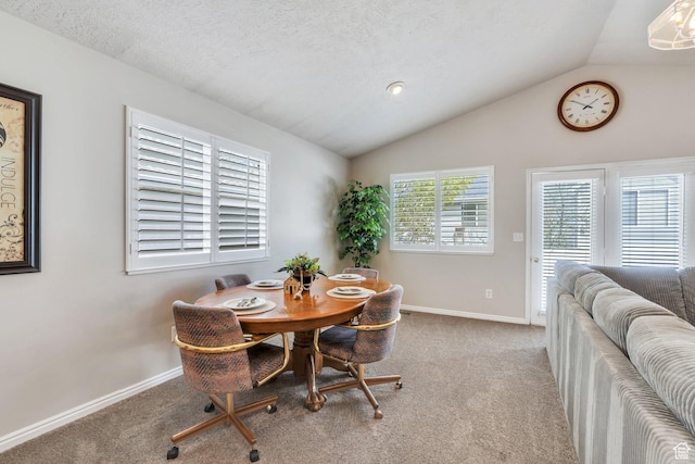 597 E Villager Ln, Midvale, UT 84047 - dining space with baseboards, carpet, and vaulted ceiling