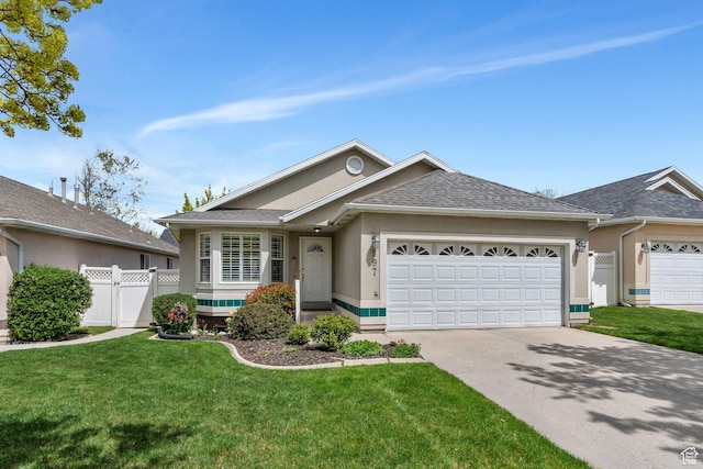 ranch-style house with a front yard, fence, concrete driveway, an attached garage, and stucco siding