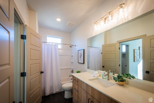 8093 S 615 E, Sandy, UT 84070 - bathroom with vanity, visible vents, toilet, and shower / tub combo with curtain