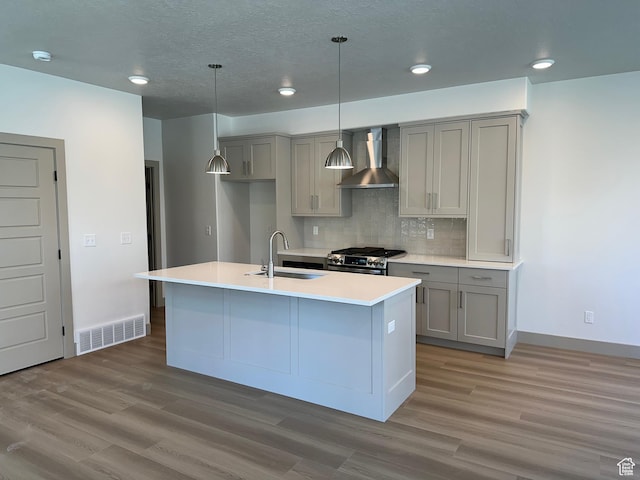 8093 S 615 E, Sandy, UT 84070 - kitchen featuring wall chimney range hood, stainless steel gas range, a sink, gray cabinets, and visible vents