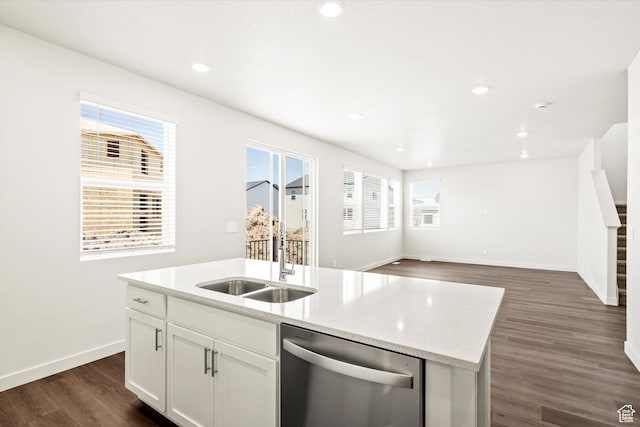 3461 S 3100 W Unit 175, West Haven, UT 84401 - kitchen featuring stainless steel dishwasher, a sink, dark wood-type flooring, an island with sink, and baseboards