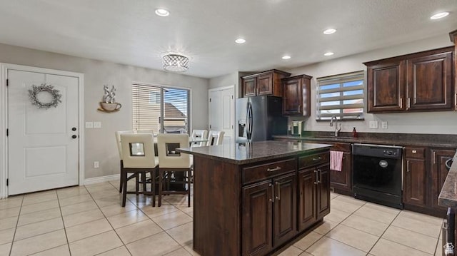 2077 N 1450 W, Clinton, UT 84015 - kitchen featuring a kitchen island, black dishwasher, stainless steel refrigerator with ice dispenser, a sink, and light tile patterned floors