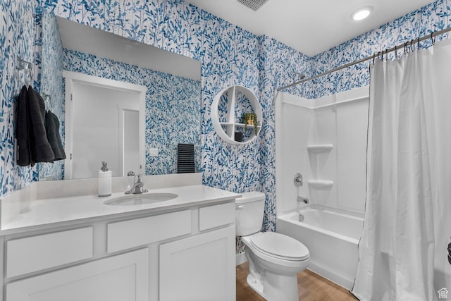 796 N 1860 E Unit 164, Salem, UT 84653 - full bathroom with vanity, wood finished floors, shower / bath combo, and wallpapered walls