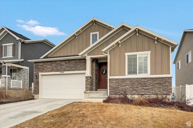 6264 W Antelope Flat Way S, Herriman, UT 84096 - craftsman-style home featuring a front lawn, stone siding, a garage, board and batten siding, and concrete driveway