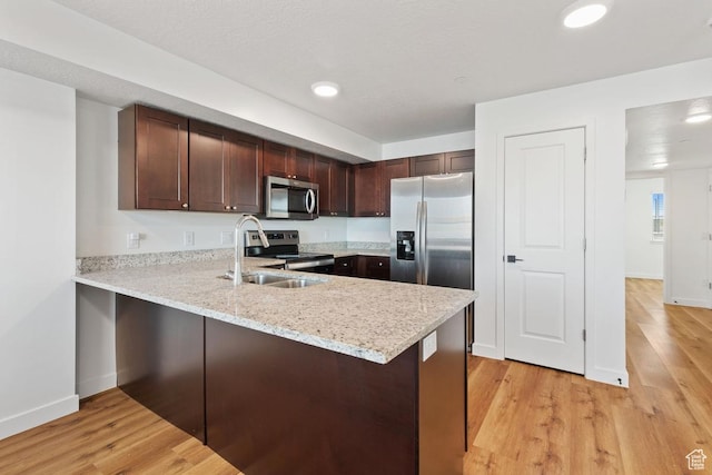 468 W Main St, Santaquin, UT 84655 - kitchen featuring a peninsula, light wood-style floors, baseboards, a sink, and appliances with stainless steel finishes