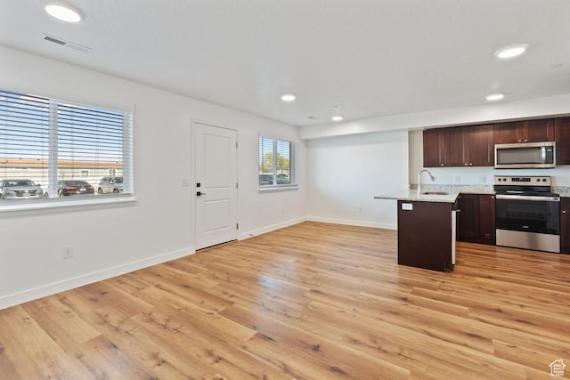 468 W Main St, Santaquin, UT 84655 - kitchen featuring visible vents, dark brown cabinetry, a sink, light wood-style flooring, and stainless steel appliances