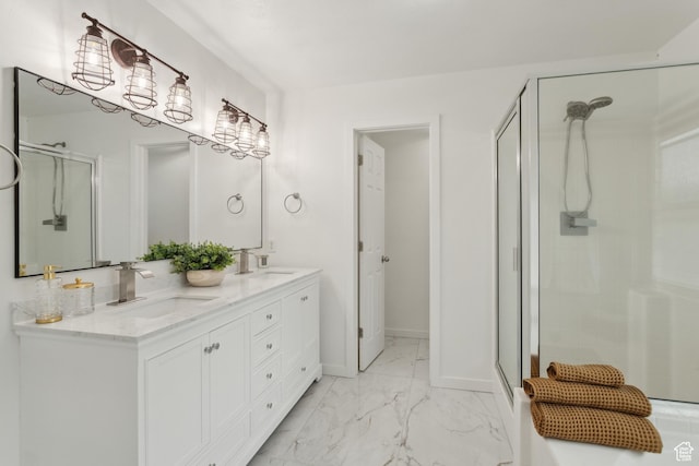 11572 S Harvest Rain Ave, South Jordan, UT 84009 - full bathroom with a shower stall, marble finish flooring, double vanity, and baseboards