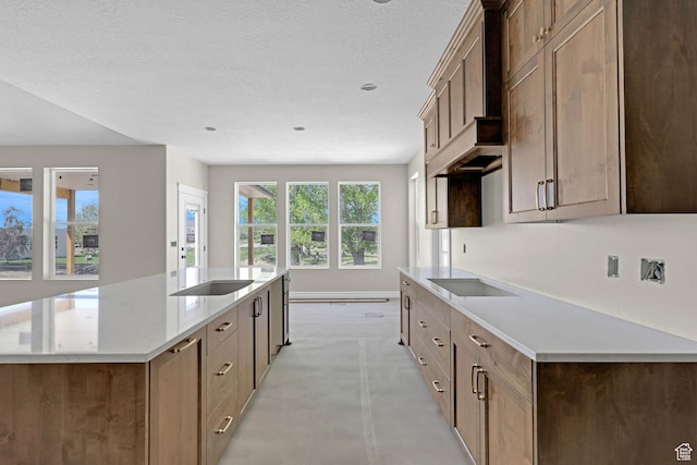2881 N 3475 W Unit 17, Plain City, UT 84404 - kitchen featuring a kitchen island with sink, light countertops, a textured ceiling, baseboards, and finished concrete floors