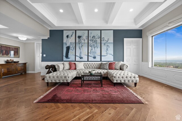 1235 E 200th St S Unit 1001, Salt Lake City, UT 84102 - living room featuring recessed lighting, ornamental molding, wainscoting, and beam ceiling