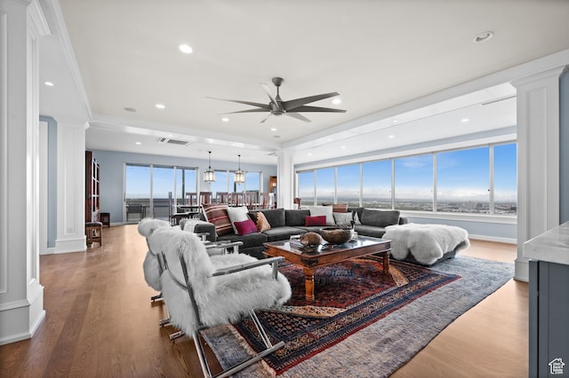 1235 E 200th St S Unit 1001, Salt Lake City, UT 84102 - living area featuring a ceiling fan, decorative columns, wood finished floors, and visible vents