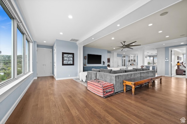 1235 E 200th St S Unit 1001, Salt Lake City, UT 84102 - living room with ceiling fan, recessed lighting, baseboards, wood finished floors, and visible vents