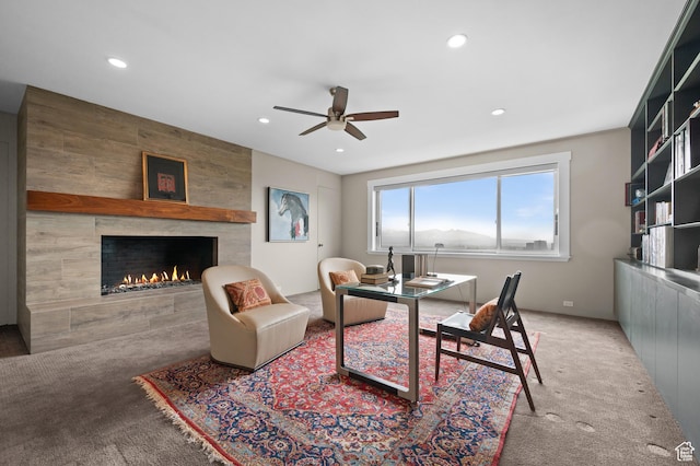 1235 E 200th St S Unit 1001, Salt Lake City, UT 84102 - carpeted office space featuring ceiling fan, recessed lighting, and a tile fireplace