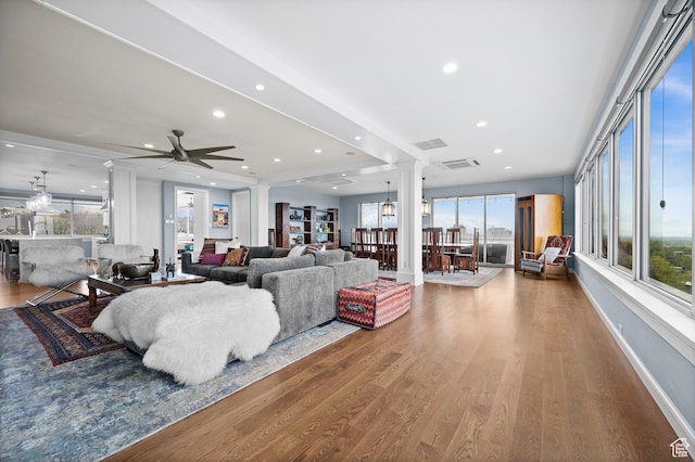 1235 E 200th St S Unit 1001, Salt Lake City, UT 84102 - living area featuring ornate columns, a ceiling fan, visible vents, and wood finished floors
