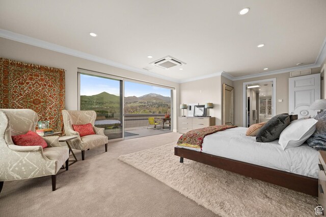 1235 E 200th St S Unit 1001, Salt Lake City, UT 84102 - carpeted bedroom featuring crown molding, access to exterior, recessed lighting, a mountain view, and connected bathroom