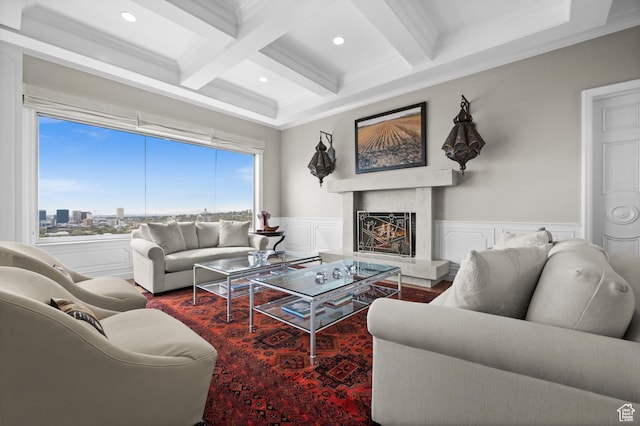 1235 E 200th St S Unit 1001, Salt Lake City, UT 84102 - living room with beam ceiling, recessed lighting, a high end fireplace, ornamental molding, and coffered ceiling