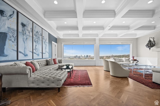 1235 E 200th St S Unit 1001, Salt Lake City, UT 84102 - living area featuring a wainscoted wall, recessed lighting, beamed ceiling, ornamental molding, and coffered ceiling