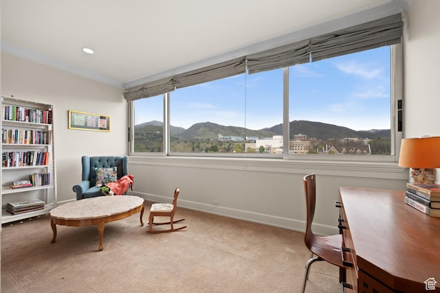 1235 E 200th St S Unit 1001, Salt Lake City, UT 84102 - sitting room with baseboards, carpet flooring, a mountain view, and crown molding