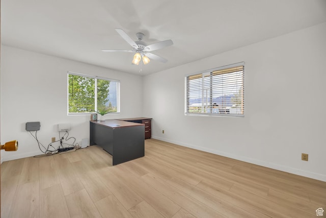 unfurnished office with baseboards, ceiling fan, and light wood-style flooring