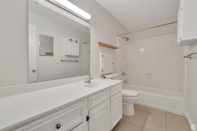 full bath with tile patterned floors, vanity, toilet, and  shower combination