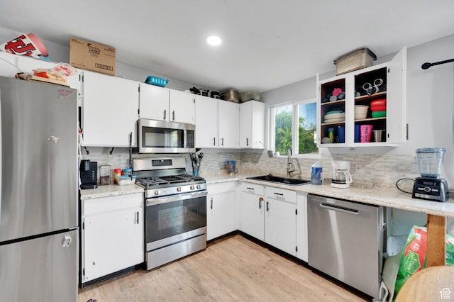 7979 W 3320 S, Magna, UT 84044 - kitchen featuring light wood-style floors, white cabinetry, a sink, backsplash, and stainless steel appliances