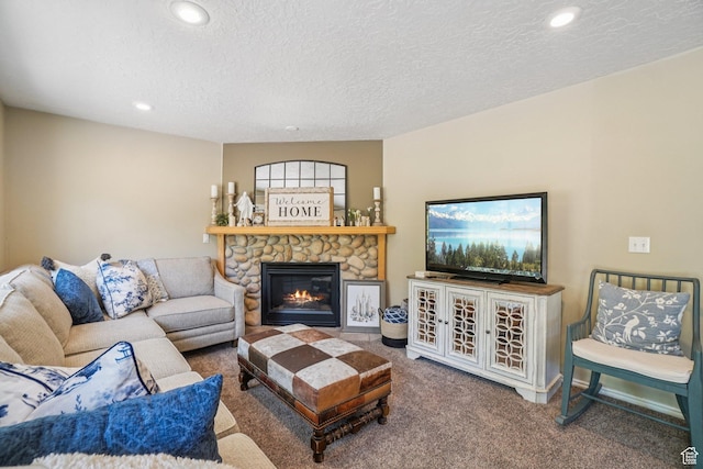 8030 N Springshire Dr, Park City, UT 84098 - carpeted living area with a stone fireplace, recessed lighting, and a textured ceiling