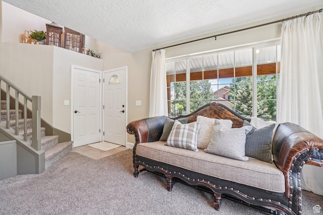 8030 N Springshire Dr, Park City, UT 84098 - carpeted living room with a textured ceiling and stairway