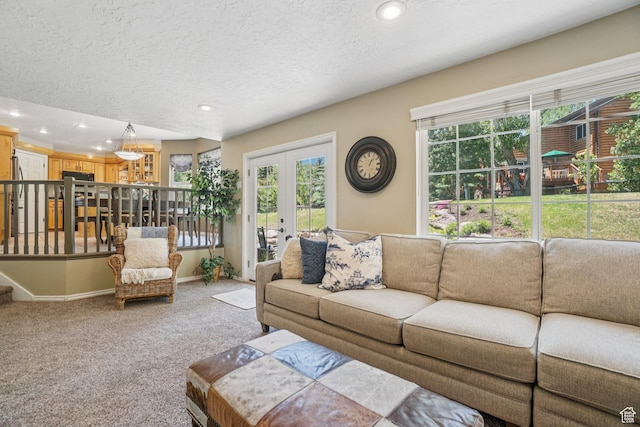 8030 N Springshire Dr, Park City, UT 84098 - carpeted living room with french doors, recessed lighting, healthy amount of natural light, and a textured ceiling