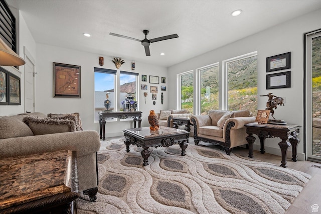 833 S 260 E, Willard, UT 84340 - living room featuring recessed lighting, a ceiling fan, wood finished floors, and visible vents