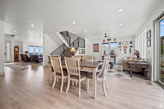 833 S 260 E, Willard, UT 84340 - dining space with ceiling fan, stairs, baseboards, light wood-style floors, and recessed lighting