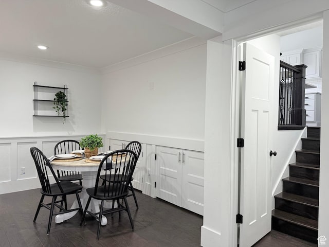 1170 N Main St, Orem, UT 84057 - dining area with stairs, dark wood-style floors, recessed lighting, a wainscoted wall, and ornamental molding