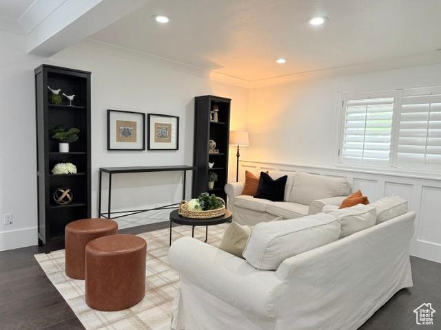 1170 N Main St, Orem, UT 84057 - living area with crown molding, recessed lighting, and wood finished floors