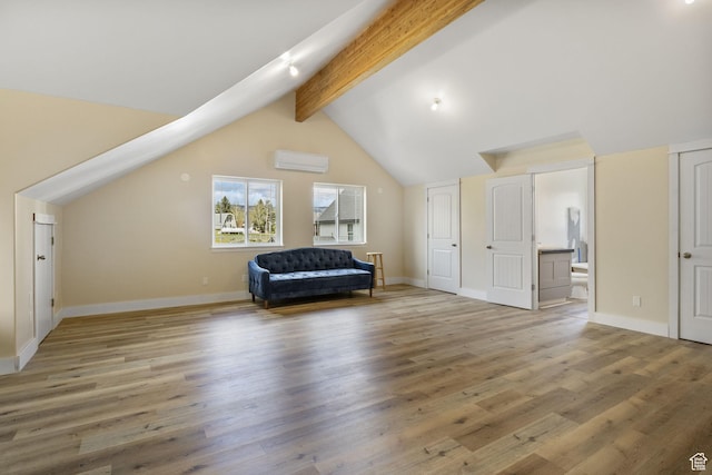 933 N Swiss Farm Ct, Midway, UT 84049 - interior space featuring light wood-style floors, lofted ceiling with beams, baseboards, and a wall unit AC
