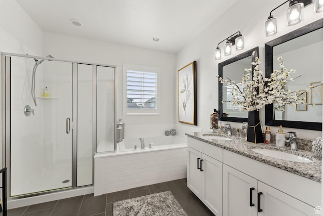5346 W Canary Grass Way S, South Jordan, UT 84009 - bathroom featuring a garden tub, a stall shower, double vanity, tile patterned floors, and recessed lighting