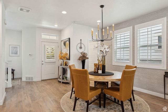 5346 W Canary Grass Way S, South Jordan, UT 84009 - dining space with healthy amount of natural light, baseboards, a chandelier, light wood-type flooring, and recessed lighting