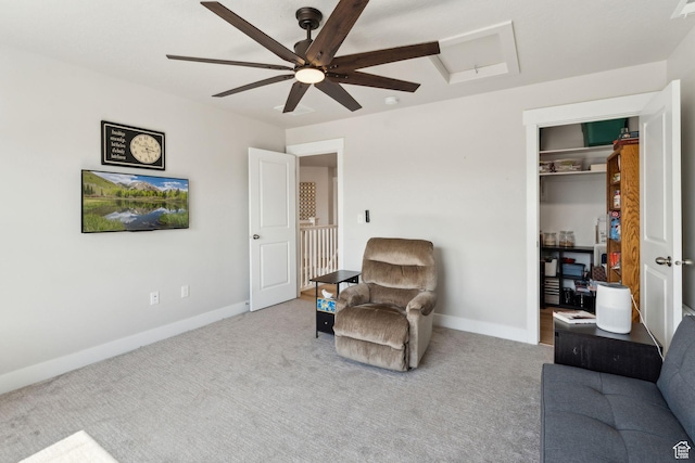 4852 N Arctic Fox Cir W Unit 2800, Lehi, UT 84043 - living area featuring a ceiling fan, baseboards, carpet, and attic access