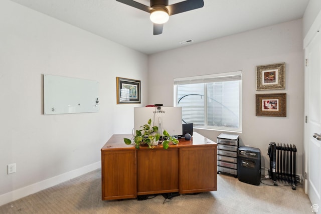 4852 N Arctic Fox Cir W Unit 2800, Lehi, UT 84043 - office area featuring a ceiling fan, visible vents, light colored carpet, baseboards, and radiator heating unit